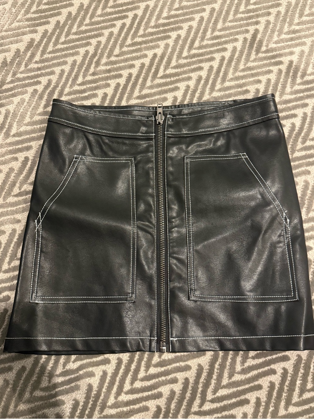 NWT Black Faux Leather Mini Skirt with Front Zip and Contrast Stitching